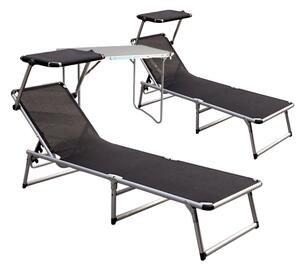 2 poltrone da giardino in alluminio nere con tettoia, dimensioni L188 x P57 cm, più tavolino