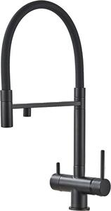 Rubinetto da cucina filtrato, doppia maniglia, funzione spray estraibile, materiale ottone, nero opaco