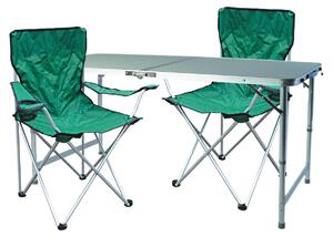 Set da campeggio composto da 3 elementi, colore verde: 2 sedie con custodia e 1 tavolo di dimensioni extra large