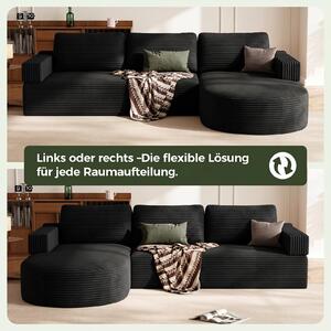Divano angolare Cord, 265 cm, divano letto a forma di L con chaise longue arrotondata, orientabile a sinistra o a destra a scelta, colore nero