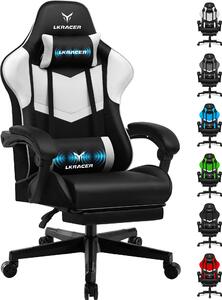 LUCKRACER sedia da gioco sedia da ufficio ergonomica con cuscino lombare cuscino poggiatesta, sedia da gioco regolabile in altezza capacità di carico 150 kg, poggiapiedi bianco