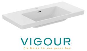 Lavabo da bagno VIGOUR DERBY V3 100x48 cm con ripiani laterali, foro per rubinetto e troppopieno PflegetectPlus, bianco