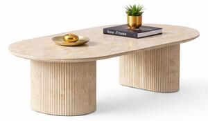 Tavolino da salotto HOOZ® ovale – con piano in Vetroceramica effetto travertino – base a colonna con design semicircolare e circolare – tavolino da divano 130x70 cm – facile da pulire e robusto