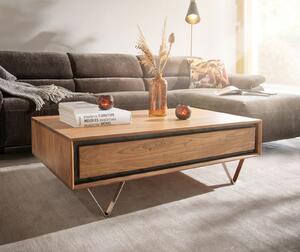 DELIFE Tavolino da divano Stonegrace, 115x60 cm, legno di acacia naturale, 2 cassetti, impiallacciatura effetto pietra