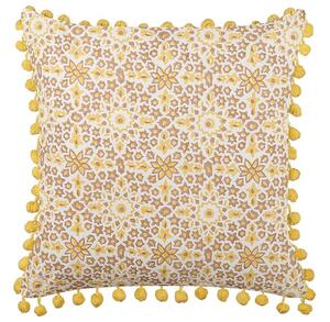 Cuscino decorativo giallo cotone 45 x 45 cm motivo geometrico stampa blocchi con poma poma stile boho accessori Beliani