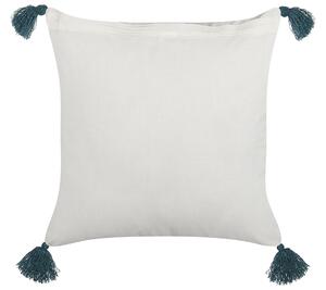 Cuscino decorativo cotone bianco e blu 45 x 45 cm motivo geometrico stampa a blocchi con nappe accessori stile boho Beliani
