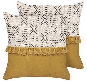 Set di 2 cuscini decorativi cotone bianco e giallo 45 x 45 cm motivo geometrico stampa blocchi stile boho accessori Beliani