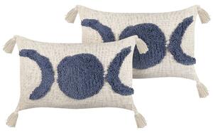 Set di 2 cuscini decorativi cotone beige chiaro e blu 35 x 55 cm con nappe stile boho accessori Beliani