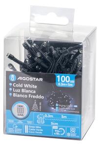 Aigostar - Catena luminosa LED per esterni, 100 LED / 8 funzioni, 3xAA, 5,3 m, IP44, bianco freddo