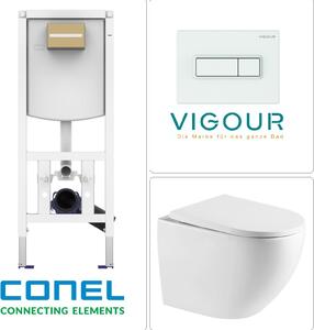 WC sospeso con risciacquo Tornado, sedile WC SoftClose ed elemento pre-murale CONEL WC con piastra di risciacquo VIGOUR TEES, bianco