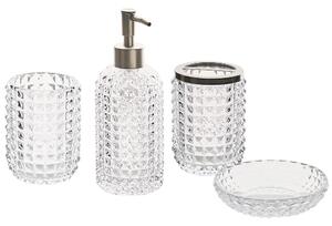 Set di accessori da bagno in 4 pezzi Dispenser di sapone Glam in vetro trasparente Portasapone Portaspazzolino Tazza Beliani