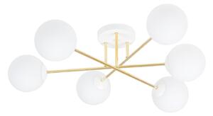 Plafoniera Moderna Magnium 6 Luci In Acciao Oro E Sfere In Vetro Bianco