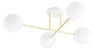 Plafoniera Moderna Magnium 4 Luci In Acciao Oro E Sfere In Vetro Bianco