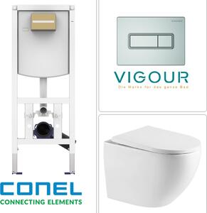 WC sospeso con scarico Tornado, sedile WC SoftClose ed elemento a parete CONEL con placca di comando VIGOUR TEES, cromo opaco