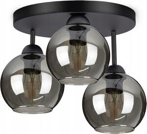 Plafond, lampada da soffitto con 3 sorgenti luminose, paralumi in vetro nero e trasparente, 3x E27