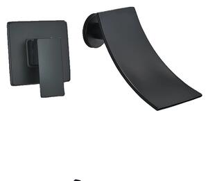 Miscelatore per lavabo a cascata, design a parete, valvola in Vetroceramica, superficie nera opaca , Nero opaco
