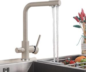 Rubinetto da cucina filtrato, rotazione a 360°, miscelatore acqua calda/fredda a due maniglie, beige con punto