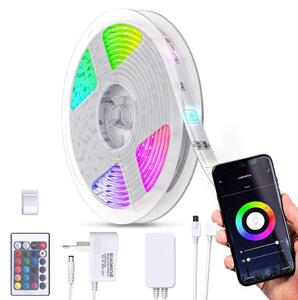 Striscia LED Smart RGB, 5m, funziona con App, Amazon Alexa, Google Home, cambia colore con lo smartphone, Wi-Fi, dimmerabile, adesiva, accorciabile, telecomando, rivestimento in silicone, bianca, IP20