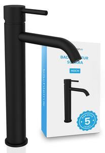Rubinetto da bagno Bächlein Susara high con bocca curva, miscelatore monocomando di design extra high per lavabo da appoggio con cartuccia in Vetroceramica resistente e set di montaggio, rubinetto da bagno nero opaco