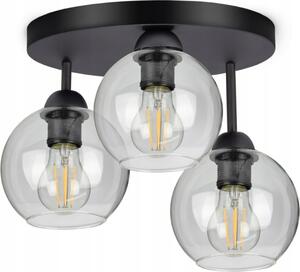 Plafond, lampada da soffitto con 3 sorgenti luminose, paralumi in vetro nero e trasparente, 3x E27