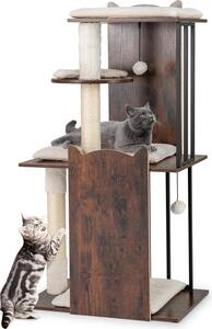 COSTWAY tiragraffi in legno e metallo, 112 cm, albero per gatti con tiragraffi, 4 piattaforme, palline e cuscino rimovibile, tiragraffi per gatti, marrone vintage