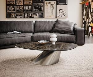 DELIFE Tavolino da divano Edge, design organico, 140x76 cm, piano in Vetroceramica Emperador extra lucida, marrone scuro, struttura in acciaio inossidabile spazzolato