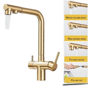Rubinetto da cucina con doppia maniglia, funzionalità acqua calda e fredda, struttura in ottone resistente, finitura oro spazzolato