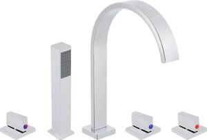 Rubinetto per lavabo, corpo in acciaio inossidabile, montaggio a vista, configurazione a 5 fori, doppio scarico dell'acqua, design a 3 maniglie