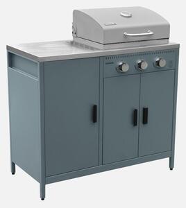 Modulo cucina da esterno in metallo con barbecue a gas a 3 bruciatori, Blu grigio