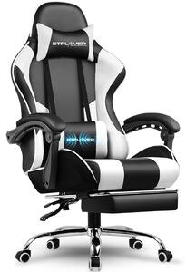 Sedia da gioco GTPLAYER, sedia da ufficio, sedia ergonomica per PC, poltrona da gioco con supporto lombare massaggiante, poggiapiedi e poggiatesta, ecopelle bianca
