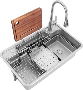 Lavello da cucina in acciaio inox - Vasca singola rettangolare - 74×44 cm - 3 tipi di getto d'acqua - Rubinetto girevole a 360° - Da appoggio/sottopiano/a filo - Argento