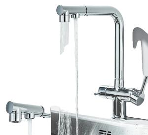 Rubinetto da cucina ad acqua filtrata, doppia maniglia, rotazione a 360°, doccetta estraibile , Cromo