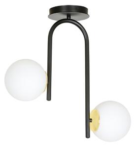 Lampadario 2 Luci Kalf In Acciaio Nero A Bracci E Sfere In Vetro Opalino E Oro