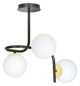 Lampadario 3 Luci Kalf In Acciaio Nero A Bracci E Sfere In Vetro Opalino E Oro