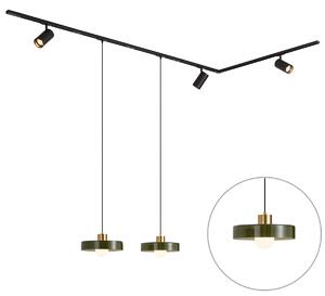 Sistema a binario moderno nero con 2 lampade a sospensione verdi e 3 faretti monofase - Iconic Jeana Luxe Jina
