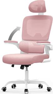 Sedia da ufficio ergonomica - Sedia da scrivania con poggiatesta regolabile - Braccioli elasticizzati supporto lombare regolabile in altezza - Sedia girevole con schienale in rete traspirante - Bianco e rosa