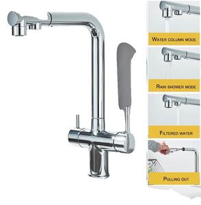 Rubinetto da cucina estraibile, doppia maniglia, molteplici modalità d'acqua, cromo