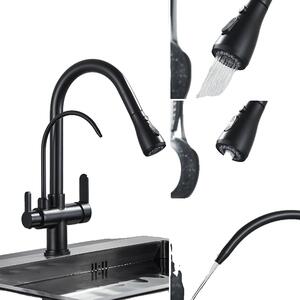 Rubinetto da cucina antico, design estraibile, doppia maniglia, nero opaco