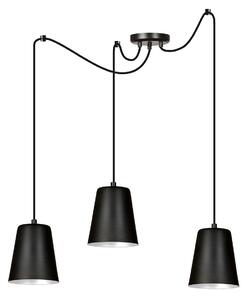 Lampadario 3 Luci Link In Acciaio Nero Cavo Lungo E Paralumi Cono Nero E Bianco