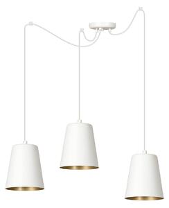 Lampadario 3 Luci Link In Acciaio Cavo Lungo E Paralumi Cono Bianco E Oro