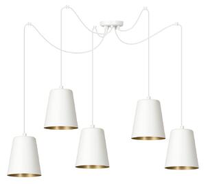 Lampadario 5 Luci Link In Acciaio Cavo Lungo E Paralumi Cono Bianco E Oro