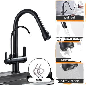 Rubinetto da cucina, design a doppia maniglia, funzione spray estraibile, nero opaco