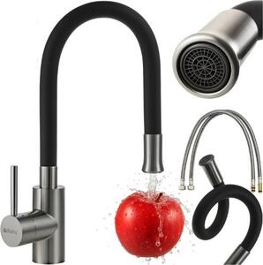 Rubinetto da cucina a batteria con beccuccio in silicone flessibile ed estensibile a 360° e aeratore RUHHY Nero Moderno per la cucina e la casa 26324