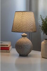 Lampada da tavolo abat jour con base rotonda in ceramica grigia decorata paralume in stoffa 40W