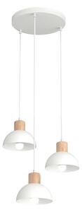 Sospensione Nordica 3 Luci Seco Base Tonda In Acciaio Bianco E Legno Naturale