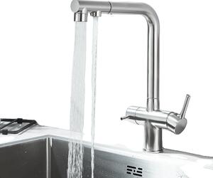 Miscelatore da cucina a due maniglie, acqua fredda e calda, bocca estraibile per acqua filtrata, nichel spazzolato