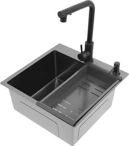 Lavello da cucina, acciaio inox, rubinetto estraibile, nero