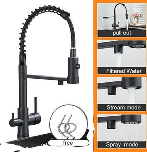 Rubinetto da cucina nero opaco, design a doppia maniglia, funzione spray estraibile, nero opaco