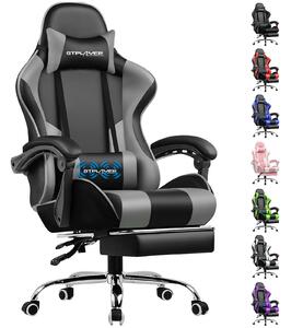 GTPLAYER Sedia da gioco con poggiapiedi e cuscino lombare massaggiante Sedia da ufficio Sedia da gioco Sedia da gioco ergonomica con braccioli di collegamento, caricabile fino a 150 kg grigio