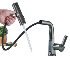 Miscelatore per lavabo, doccetta estraibile, display temperatura intelligente, grigio
